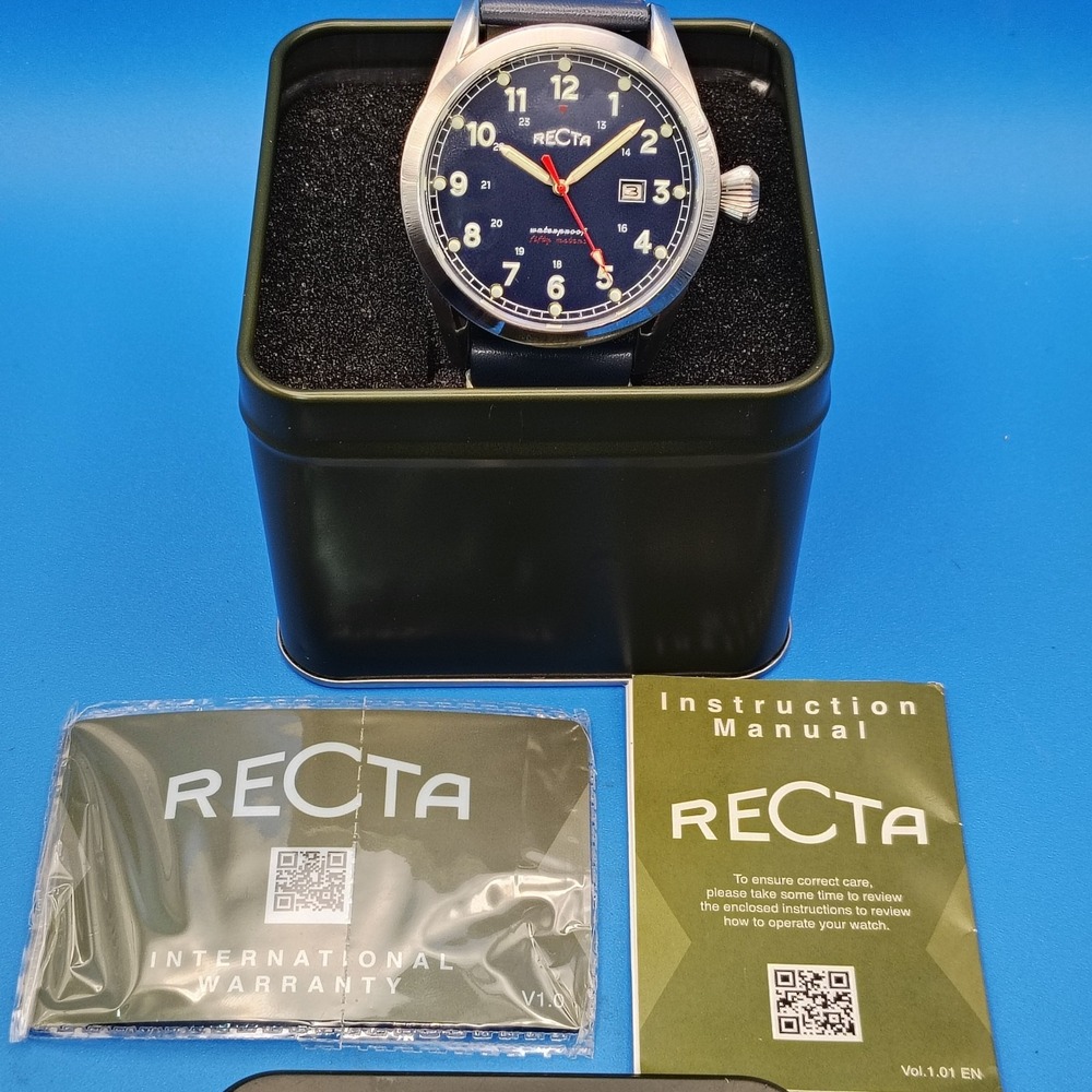 New! 2020 Recta Date 45mm Mens Quartz Watch Full Box Set Papers Tag NOS